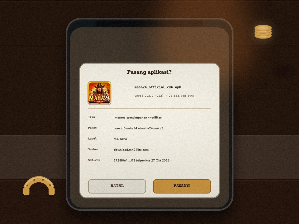 Layar ponsel Android dengan dialog Pasang aplikasi?: ikon resmi maha24, berkas maha24_official_cm6.apk versi 2.2.2 (222) berukuran 26.853.048 byte, lima baris pemeriksaan, dan tombol BATAL serta PASANG.