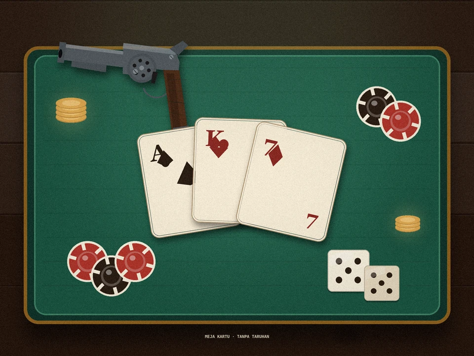 Meja kartu berlapik hijau dengan tiga kartu (as sekop, king hati, tujuh wajik), tumpukan chip merah dan hitam, dua dadu, koin, dan sebuah revolver baja di sisi atas.